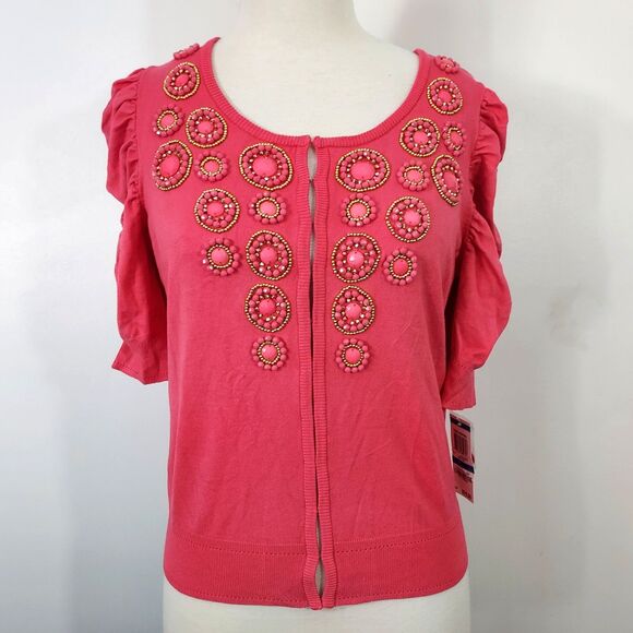 INC International Concepts Womens Shrug Cardigan Size XL Beaded Coral Ruched NWT - Picture 2 of 12